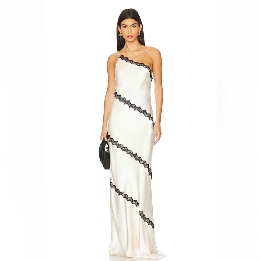 Shona Joy Camille Lace Asymmetrical Maxi Dress in Cream/Black - Picture 1 of 6